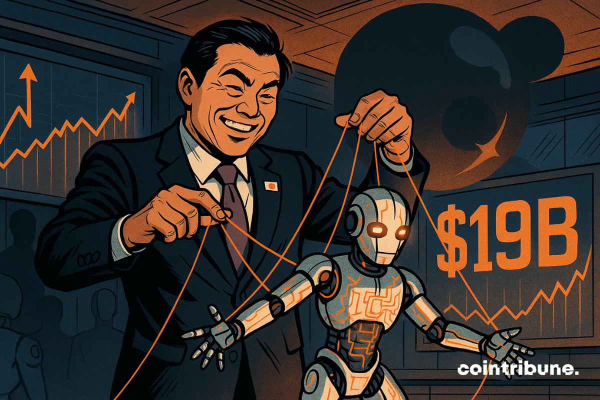 A smiling, manipulative man controls a puppet robot, with massive financial gains and palpable tension in the background.