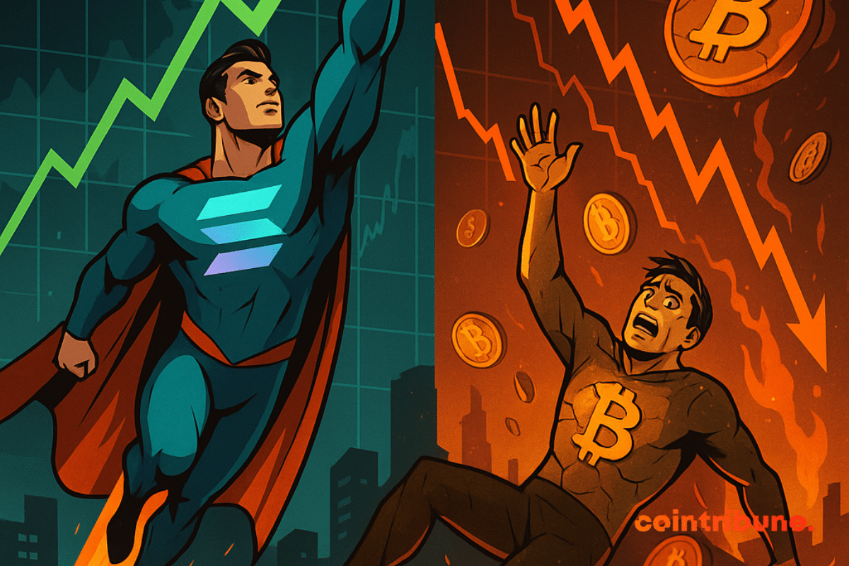 Un super-héros Solana s’envole triomphalement tandis que Bitcoin chute en flammes, exprimant un retournement dramatique.
