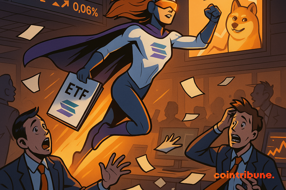 A Solana Heroine bursts into a chaotic office, traders stunned, DOGE appears on a bright ETF screen.