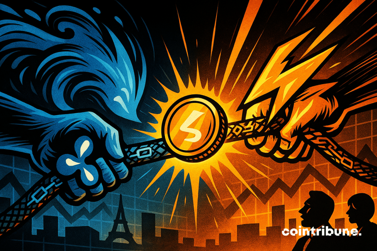 A blue XRP energy-hand and an orange Solana lightning-hand pull a glowing blockchain rope as sparks fly in a tense comic-style tug-of-war.