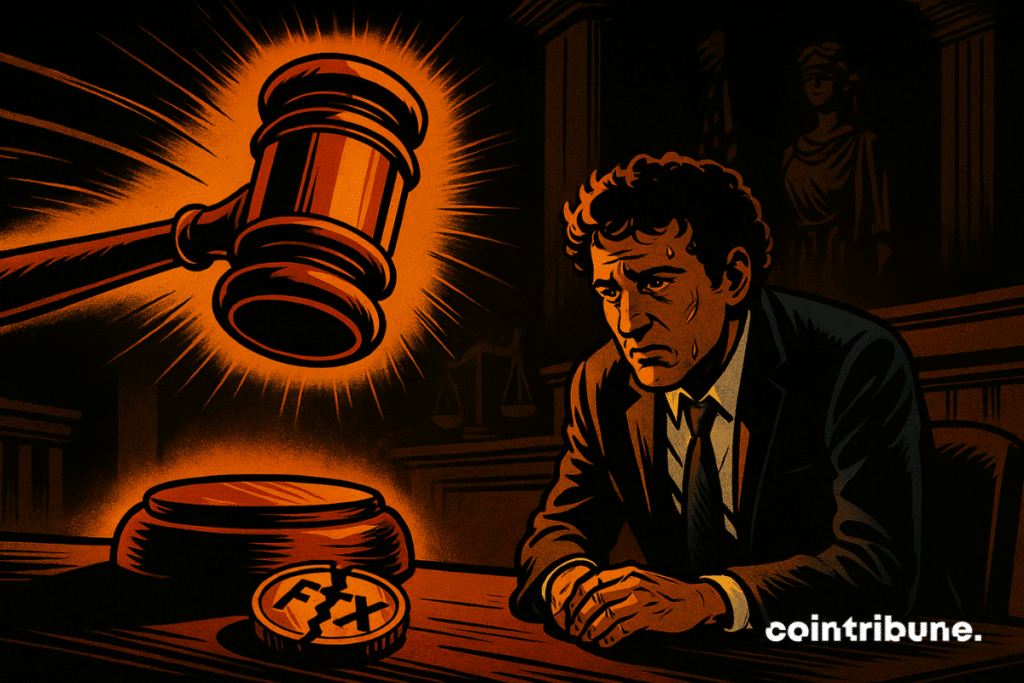 Dans une salle de la cour d’appel, le marteau du juge est en suspension, à seulement quelques centimètres du socle de bois, prêt à frapper. En contrebas, Sam Bankman-Fried est représenté assis, de trois quarts, le regard vers le bas, le visage marqué, les mains crispées sur ses genoux.