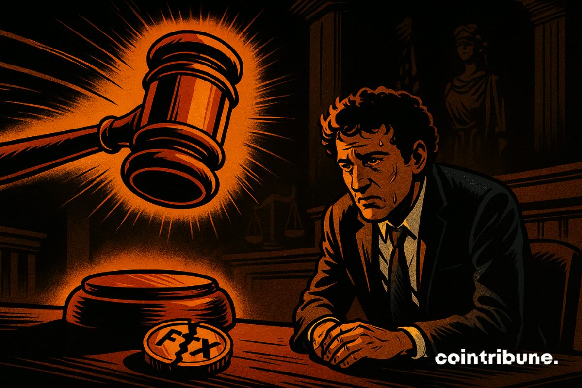 Dans une salle de la cour d’appel, le marteau du juge est en suspension, à seulement quelques centimètres du socle de bois, prêt à frapper. En contrebas, Sam Bankman-Fried est représenté assis, de trois quarts, le regard vers le bas, le visage marqué, les mains crispées sur ses genoux.