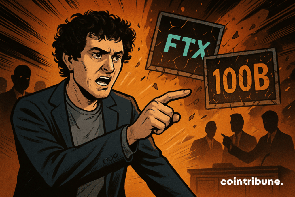 Une image de style bande dessinée de Sam Bankman-Fried pointant du doigt avec colère des avocats dans l'ombre dans une salle d'audience tandis que des écrans brisés derrière lui affichent « FTX » et « 100B » au milieu d'une lumière orange flamboyante.