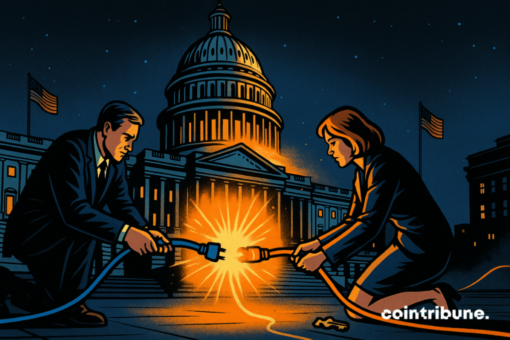 The Capitol reconnects to a glowing cable held by two senators, symbolizing the Senate’s vote on the budget bill.