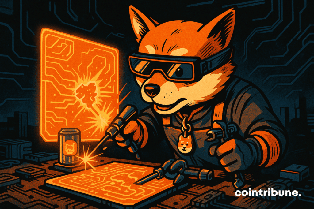 Um Shiba Inu antropomórfico veste um macacão de mecânico futurista e óculos de realidade aumentada. Suas patas foram transformadas em ferramentas cibernéticas: uma chave de fenda a laser e uma pinça inteligente. Ele realiza um reparo em uma interface holográfica laranja translúcida (o Shibarium).