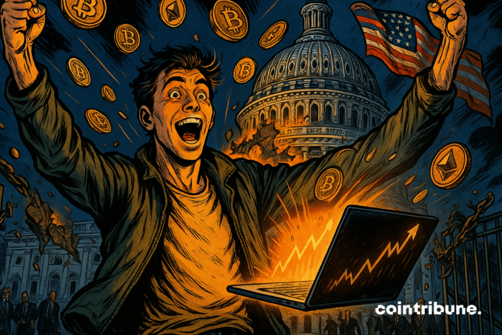 Triumphant man before Capitol as crypto surges, symbolizing U.S. shutdown ending.