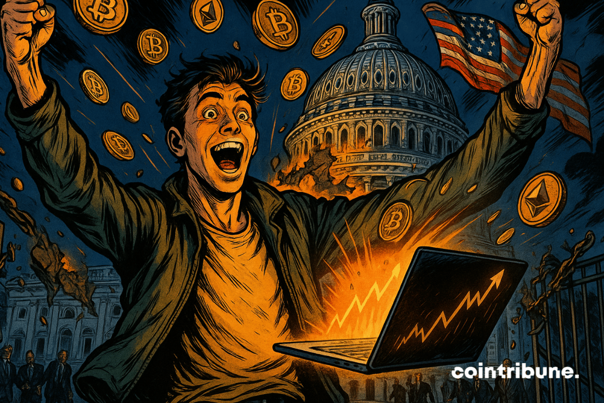 Triumphant man before Capitol as crypto surges, symbolizing U.S. shutdown ending.