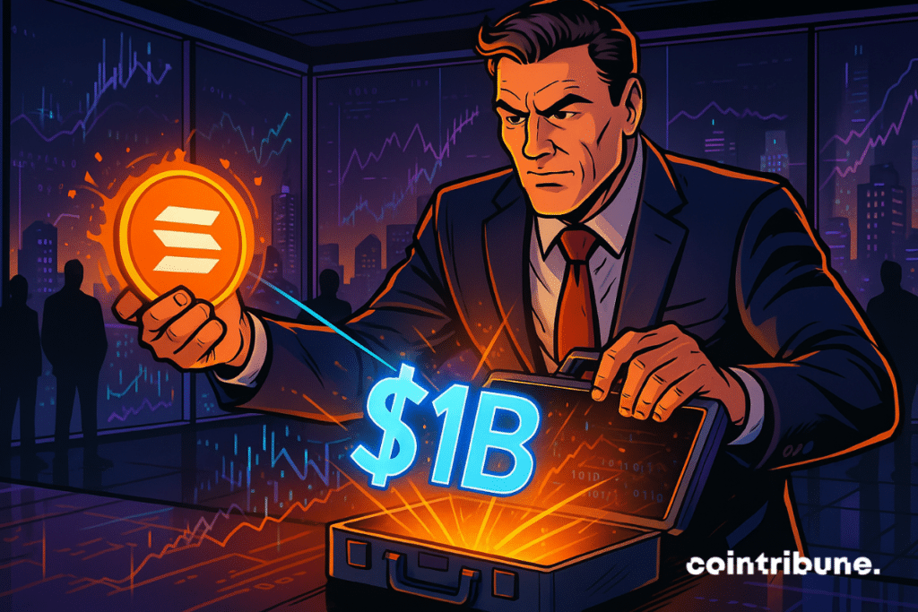 Businessman holding Solana coin and B hologram in a high-tech office during a buyback action.