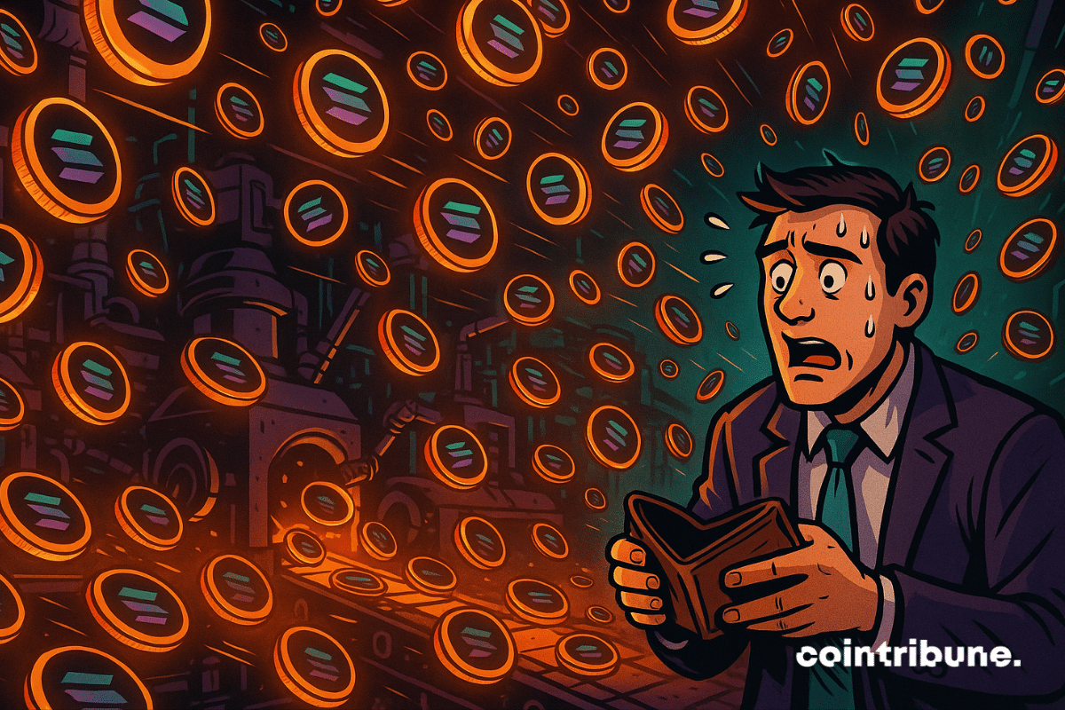 Comic-style image of a panicked man holding an empty wallet as Solana tokens fly from machines.