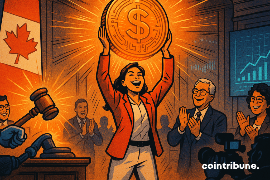 Une femme brandit triomphalement un stablecoin lumineux sous les applaudissements des fonctionnaires dans une salle d'audience canadienne.