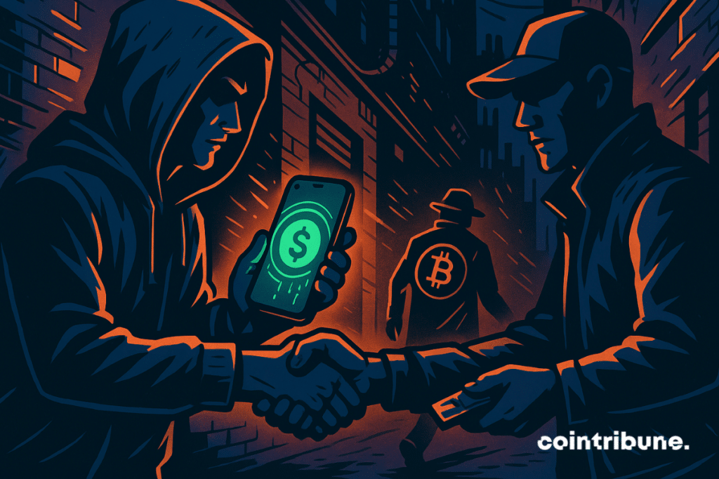 Comic-style alley deal with glowing stablecoin phone; Bitcoin figure walks away in shadow.