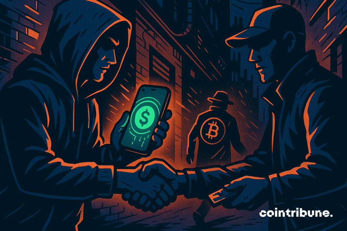 Comic-style alley deal with glowing stablecoin phone; Bitcoin figure walks away in shadow.