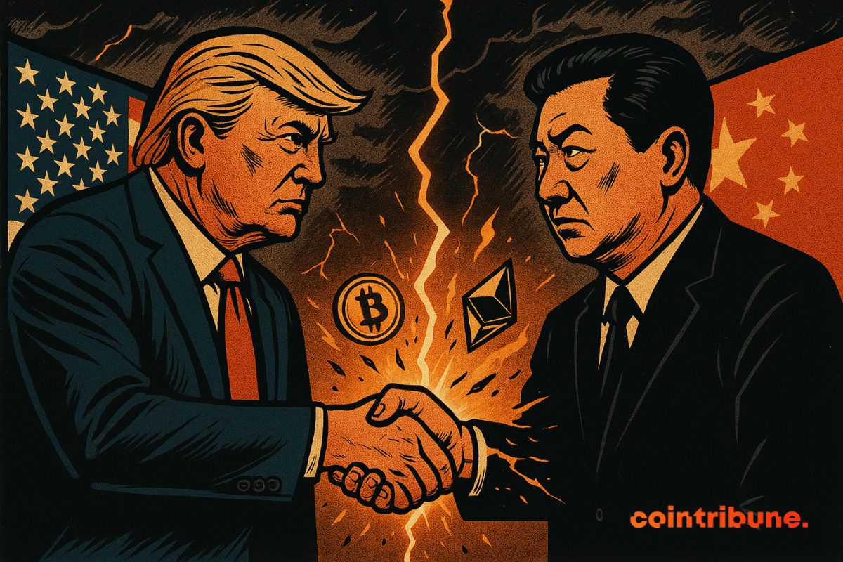 Trump et un dirigeant chinois se serrent la main, fissure lumineuse entre eux, symboles crypto en feu, tension palpable.