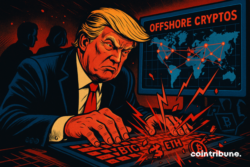 Trump, furieux, pirate un clavier crypto explosif, face à une carte mondiale reliée par des lignes rouges de traque numérique.