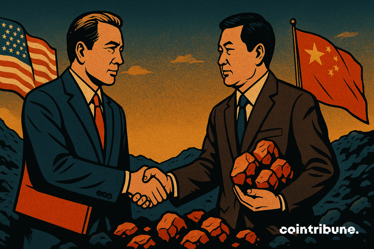 Deux représentants (États-Unis et Chine) échangent des minerais contre des plans technologiques, ce qui symbolise l’accord imminent sur les terres rares.