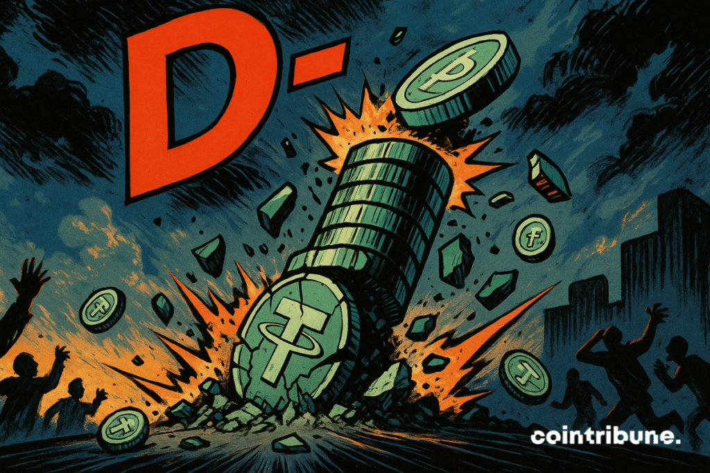 Une tour de pièces USDT s’effondre brutalement sous le regard de traders paniqués, avec une note « D - » rouge flottant au-dessus, ce qui symbolise la dégradation de la note de Tether par le S&P.