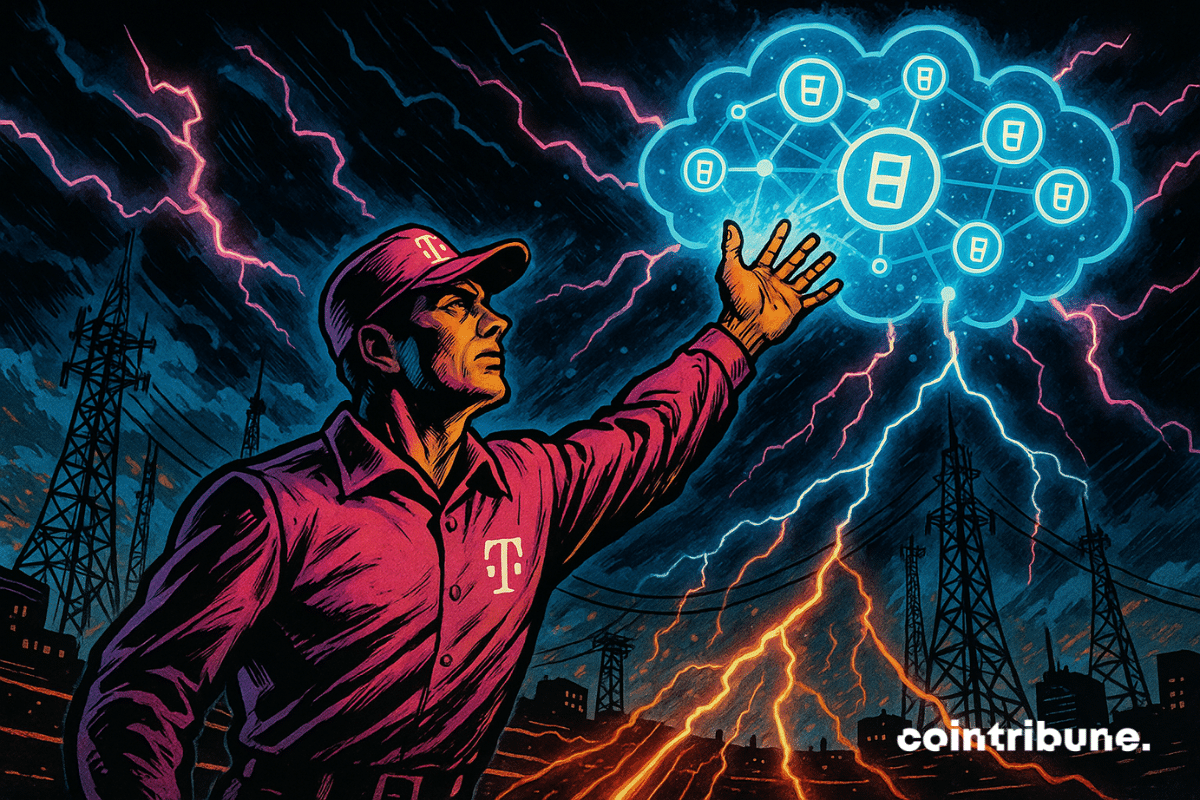 Un technicien de Deutsche Telekom, vêtu de magenta, tend la main vers un nuage numérique lumineux de symboles du réseau Theta, sous un ciel nocturne orageux parsemé d'éclairs et de lignes électriques.