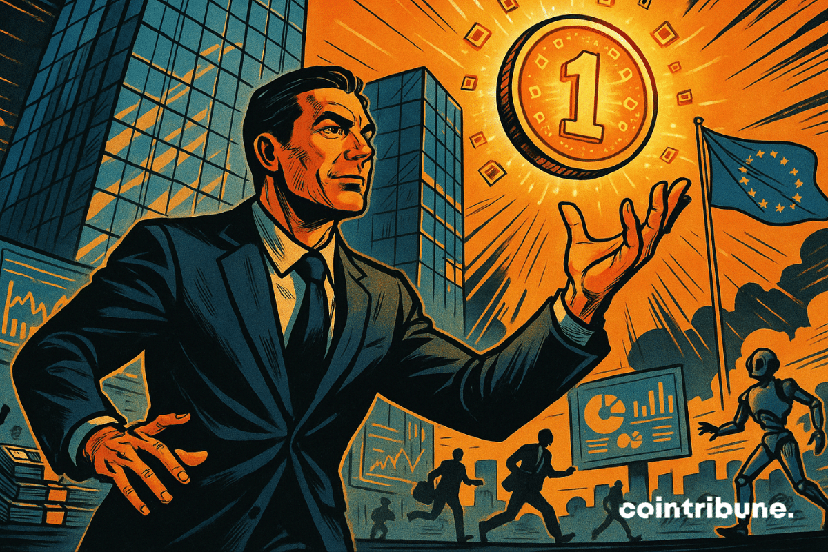 Un homme d'affaires dévoile un actif tokenisé lumineux dans une ville futuriste, symbolisant la finance blockchain.