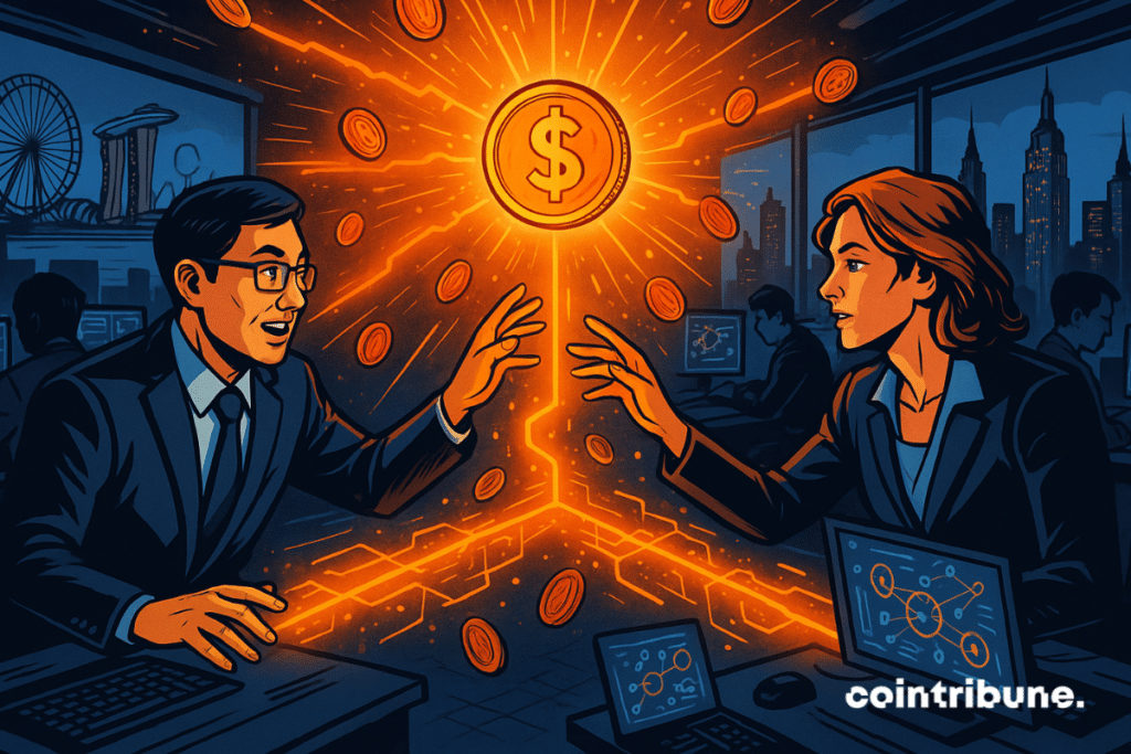 Two bankers reach toward a glowing tokenized coin over a digital bridge, merging tech worlds.