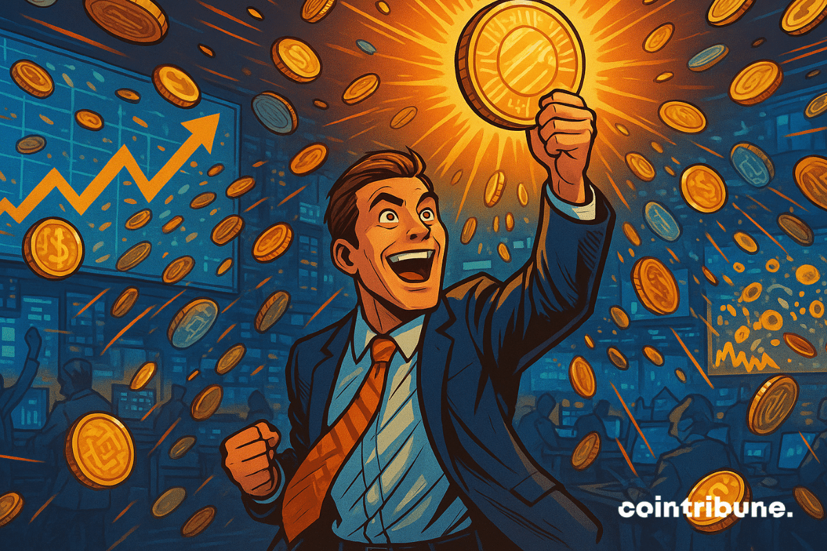 Trader celebrates as tokenized gold and stablecoins surge on a digital trading floor.