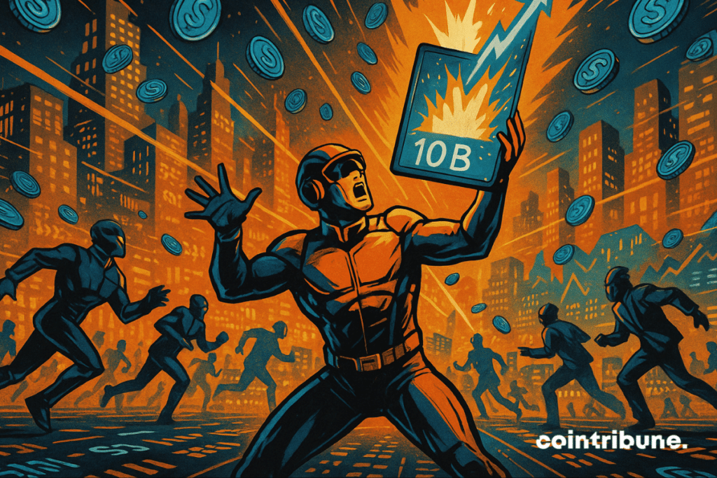 Futuristic trader in orange suit holds a tablet with "B" amid a tokenized stock market frenzy.