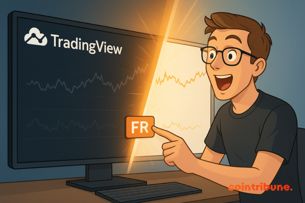 Un homme souriant pointe du doigt un bouton « FR » sur l'écran de TradingView, déclenchant un changement d'interface de l'anglais vers le français.