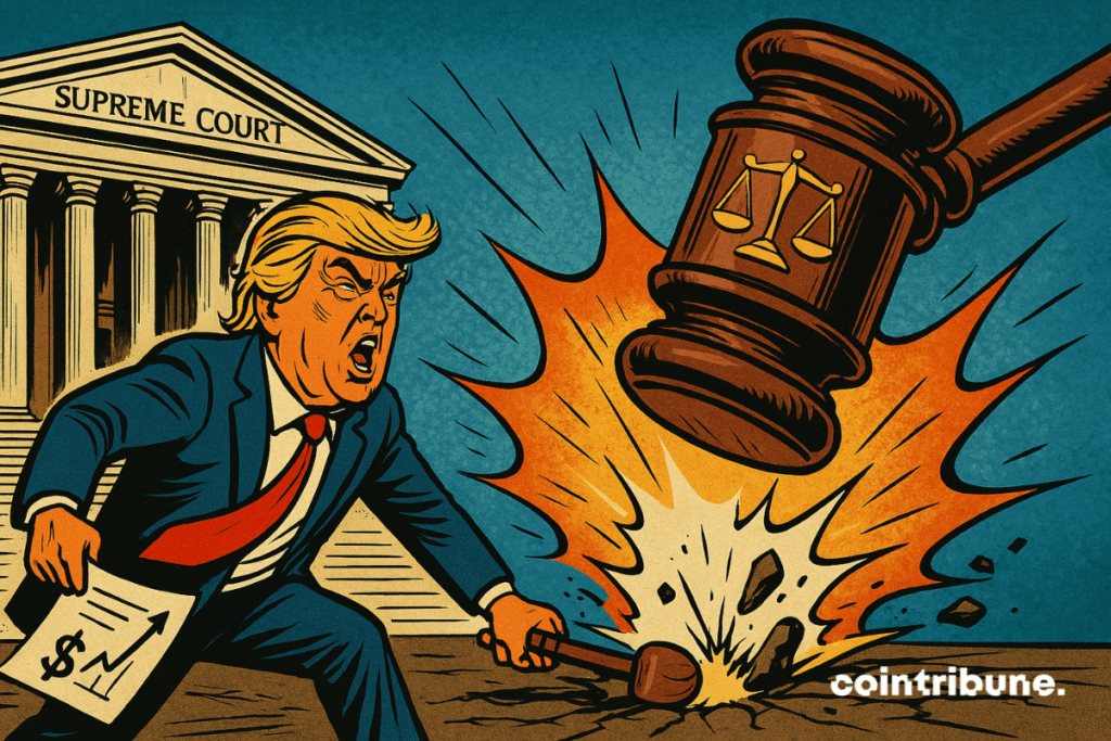 Trump moves forward with a decree marked with a dollar sign or a chart. A giant hammer falls just in front of him, engraved with the scales of justice, symbolizing a possible setback before the Supreme Court.