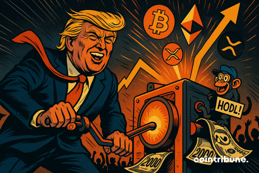 Trump tourne une manivelle d’une machine à billets géante, qui propulse des logos de cryptos vers le haut, ce qui symbolise la promesse de dividende aux Américains.