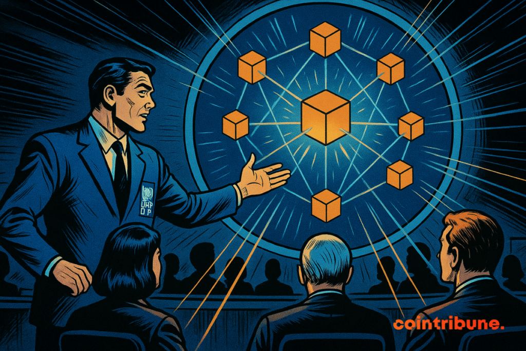 Un homme vêtu d'un costume bleu du PNUD fait un geste vers un écran circulaire lumineux affichant des cubes orange connectés symbolisant la blockchain, tandis que des responsables observent attentivement dans une salle sombre éclairée par une lumière bleue et orange.