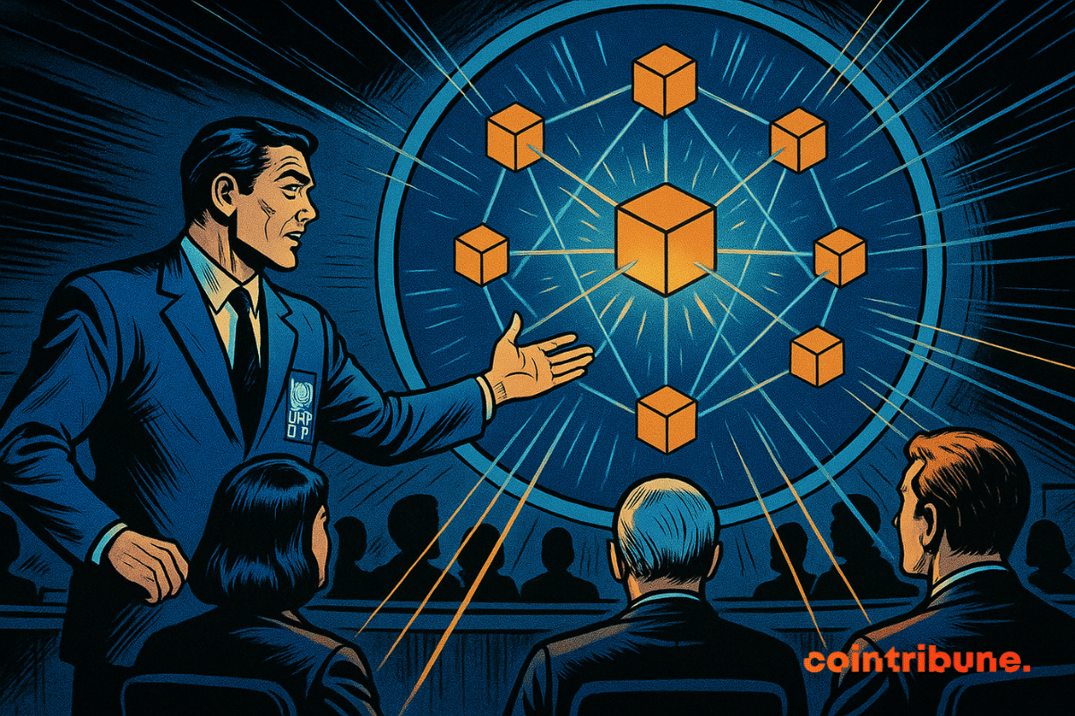 Un homme vêtu d'un costume bleu du PNUD fait un geste vers un écran circulaire lumineux affichant des cubes orange connectés symbolisant la blockchain, tandis que des responsables observent attentivement dans une salle sombre éclairée par une lumière bleue et orange.