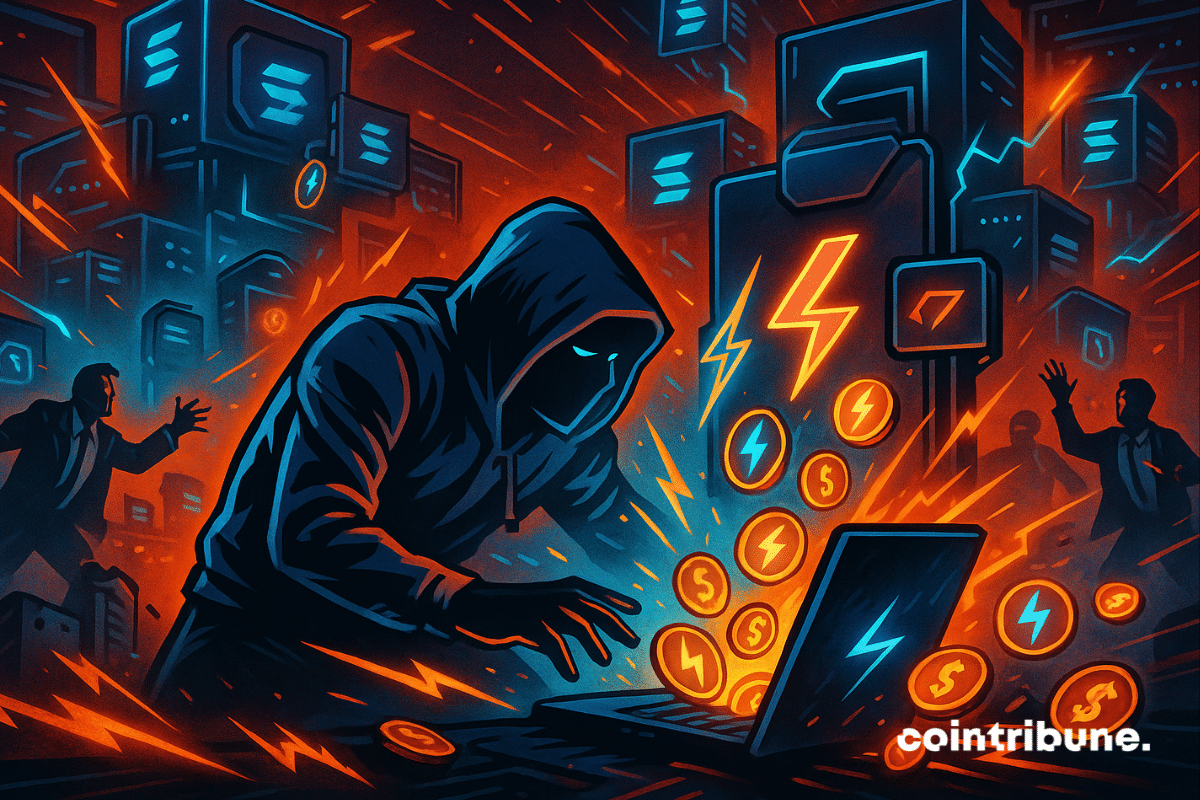 Hacker breaches Upbit’s system, draining Solana wallets as panicked figures react in chaos.