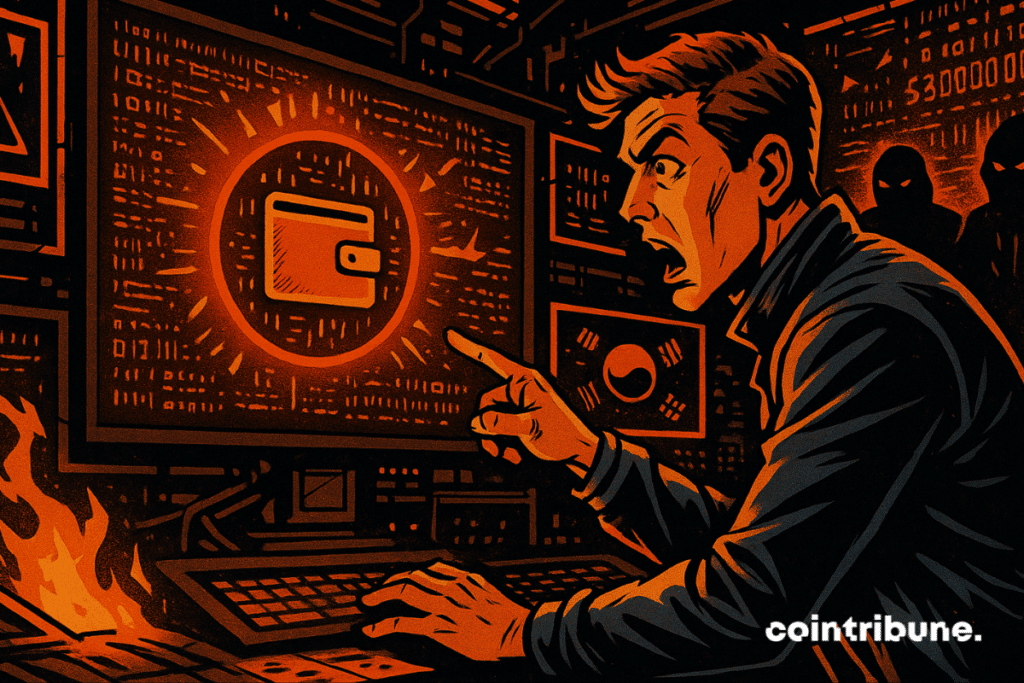Comic-style scene of shocked analyst uncovering wallet breach at Upbit after M crypto hack.