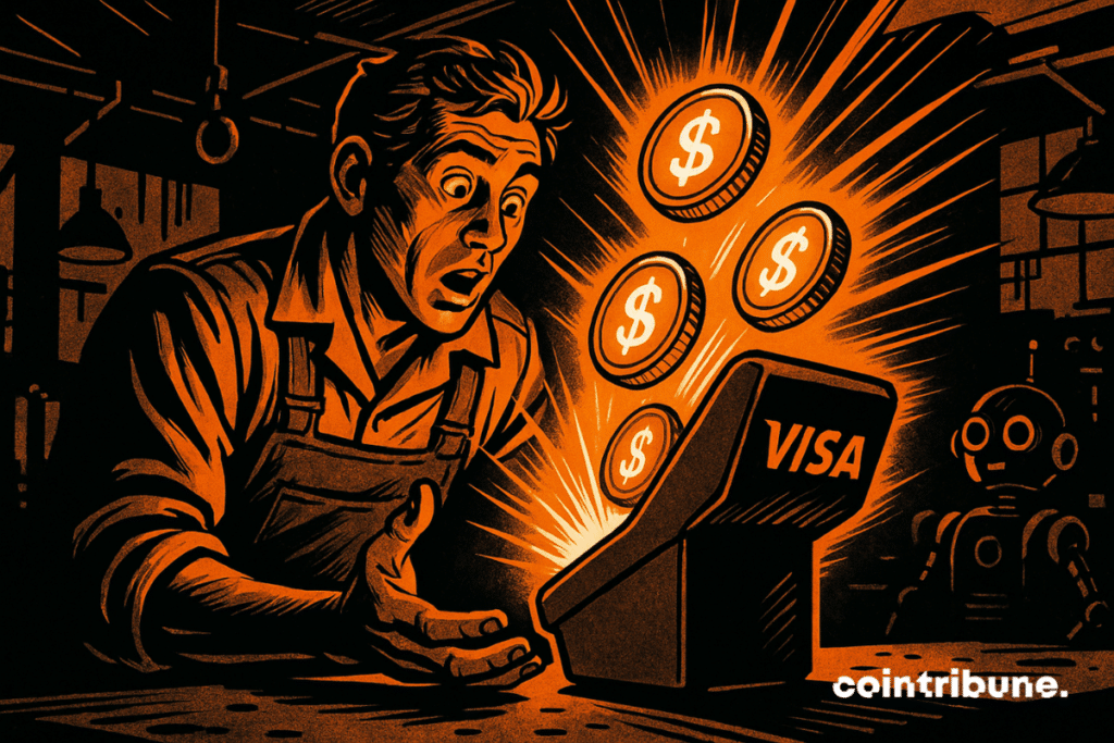 Un mécanicien stupéfait observe des jetons numériques lumineux jaillir d'un terminal Visa futuriste dans un atelier sombre éclairé par des lumières orange.