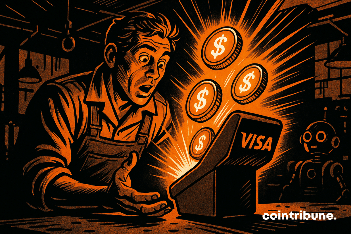 Un mécanicien stupéfait observe des jetons numériques lumineux jaillir d'un terminal Visa futuriste dans un atelier sombre éclairé par des lumières orange.