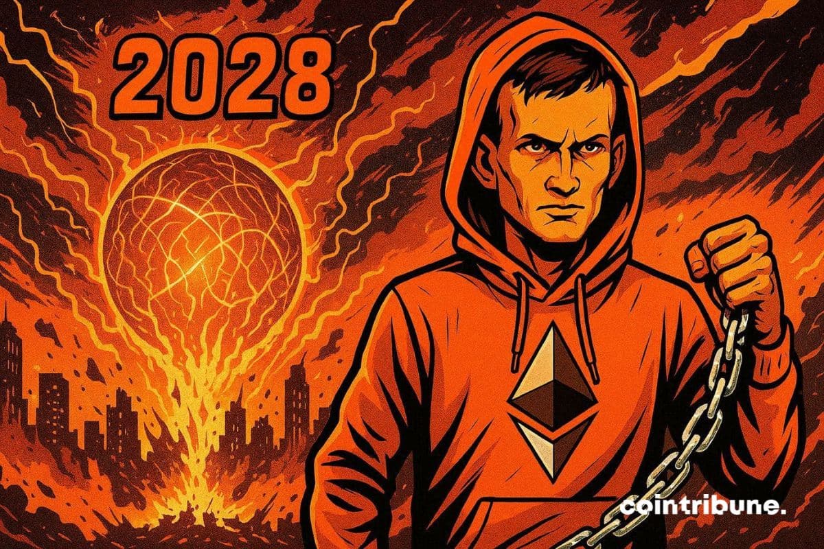 Vitalik Buterin qui tient une chaîne représentant la sécurité blockchain qu’il faut protéger. En arrière plan une boule quantique détruit tout en 2028.