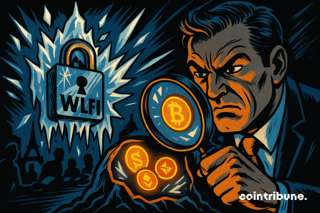A stern investigator examines glowing crypto tokens with a magnifying glass beside a frozen WLFI-branded padlock in a dramatic comic-book scene.