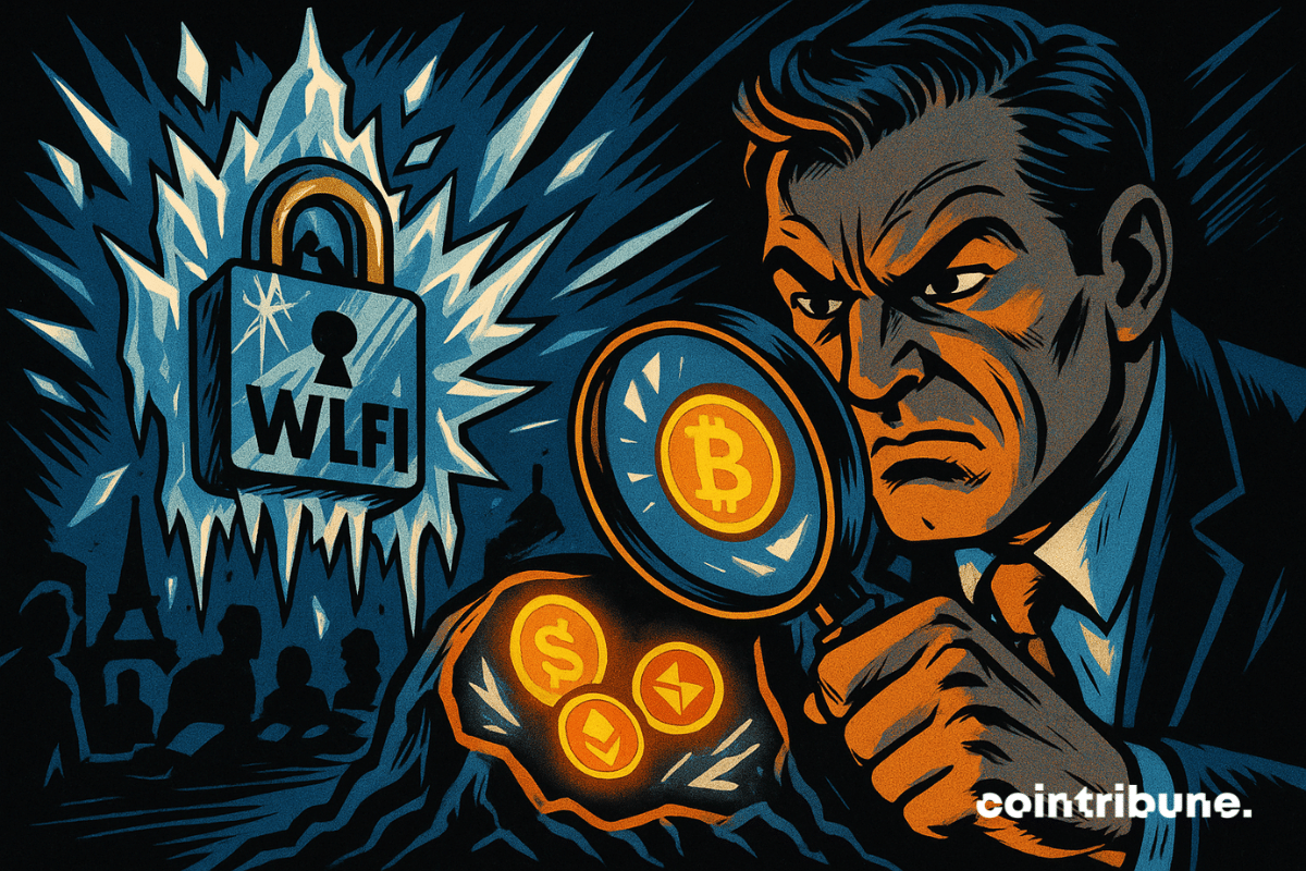 Um investigador severo examina tokens cripto brilhantes com uma lupa ao lado de um cadeado congelado com a marca WLFI, em uma cena dramática no estilo história em quadrinhos.