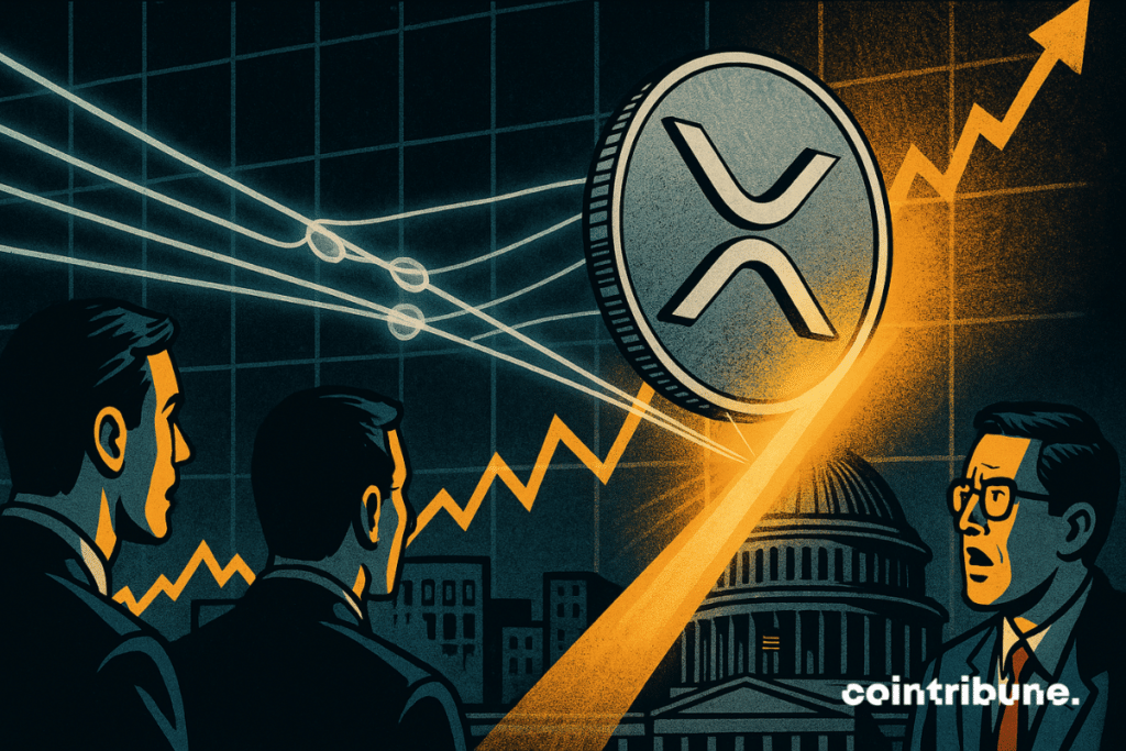 Une pièce de XRP est tirée en arrière par des câbles invisibles sous le regard de traders crypto.