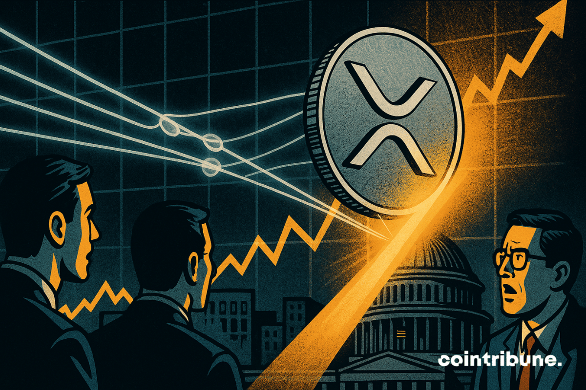 Uma peça de XRP é puxada para trás por cabos invisíveis sob o olhar atento dos traders de criptomoedas.