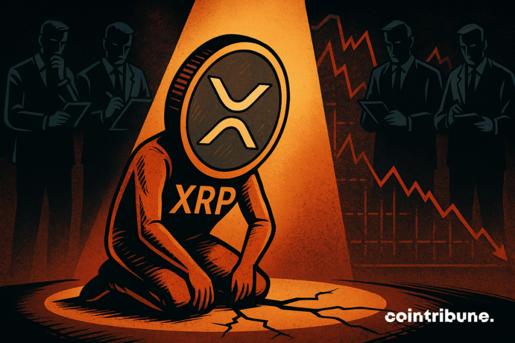 A portrayal of XRP crypto on its knees under the analysts’ spotlight.