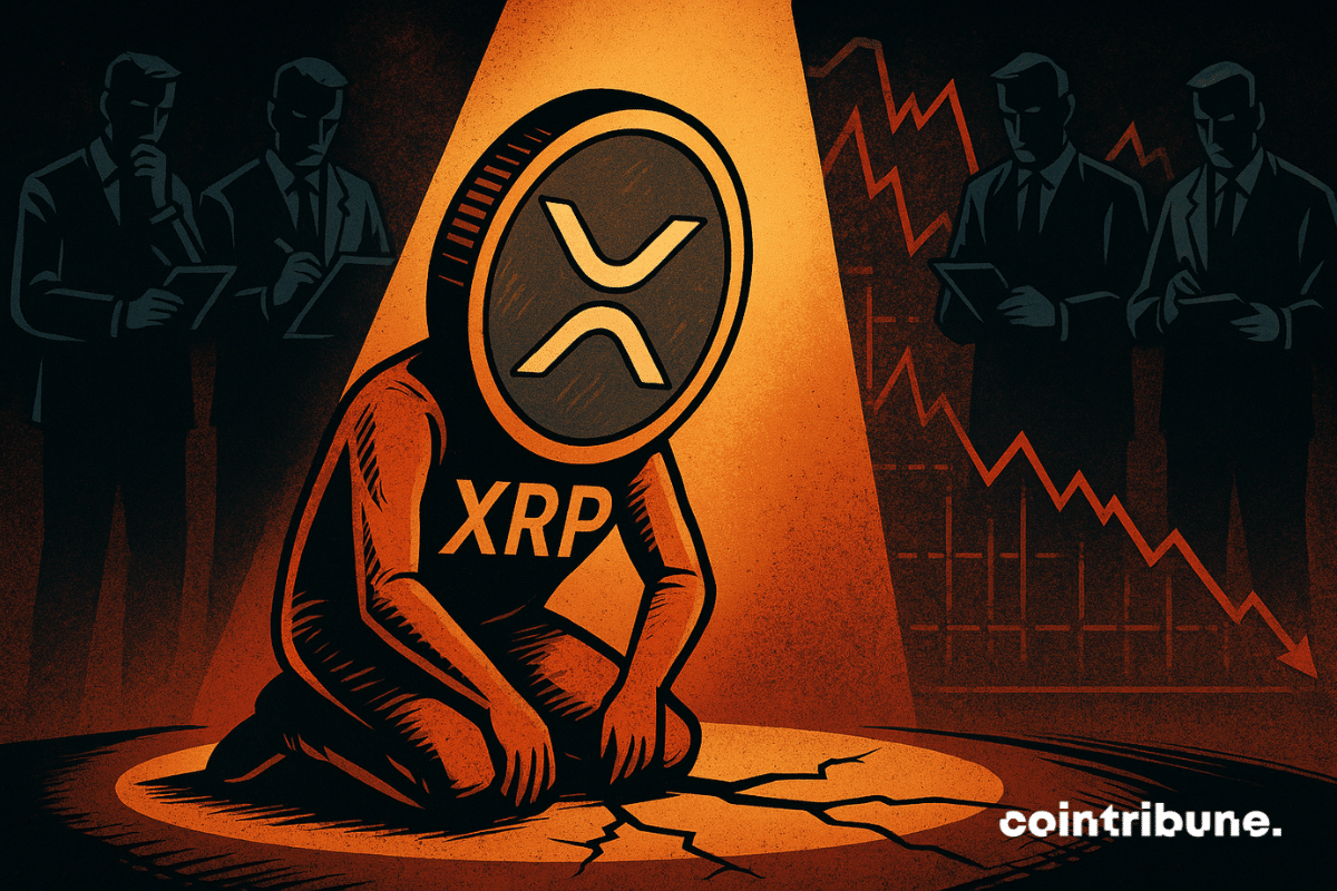 A portrayal of XRP crypto on its knees under the analysts’ spotlight.