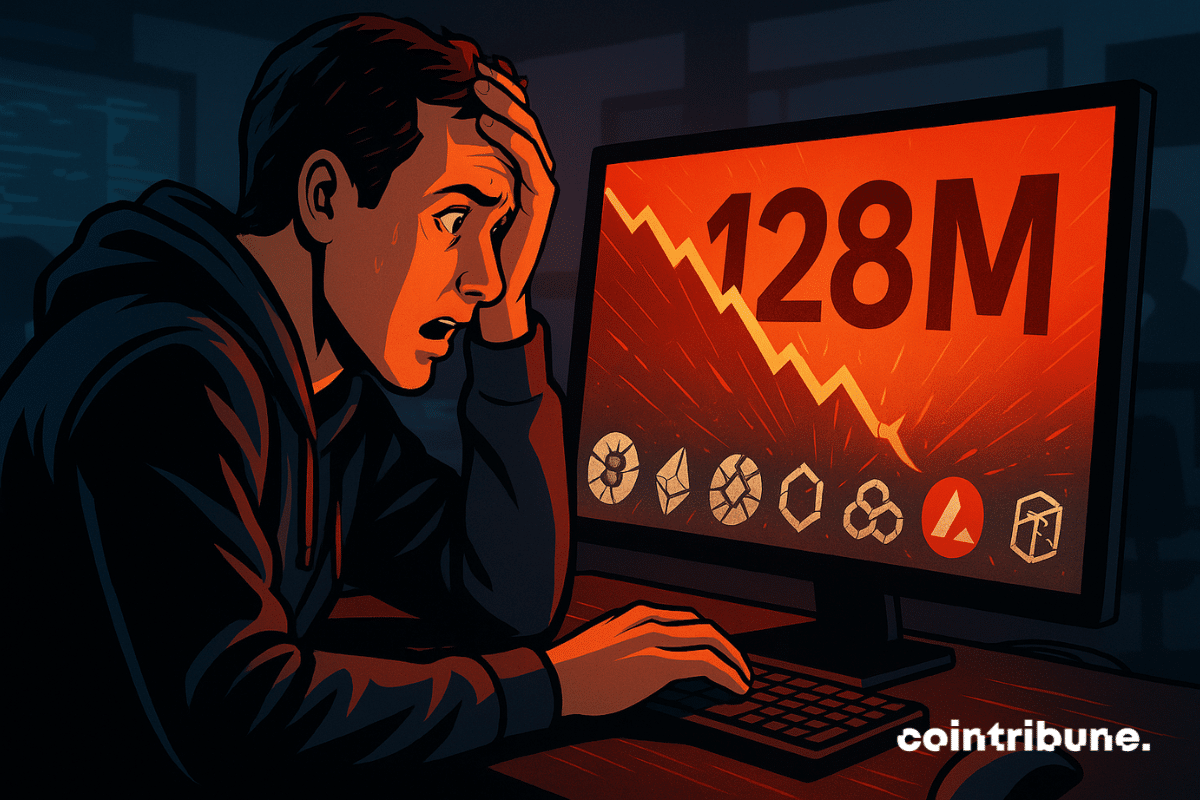 Un analyste chez Balancer choqué découvre une perte de 128M$, reflet rouge sur son visage, devant un écran affichant 7 blockchains fissurées.