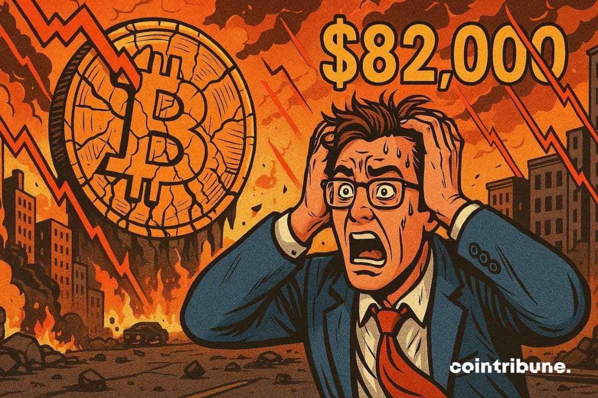 Un investisseur bitcoin en sueur devant la chute à 82 000 dollars et des liquidations massives.