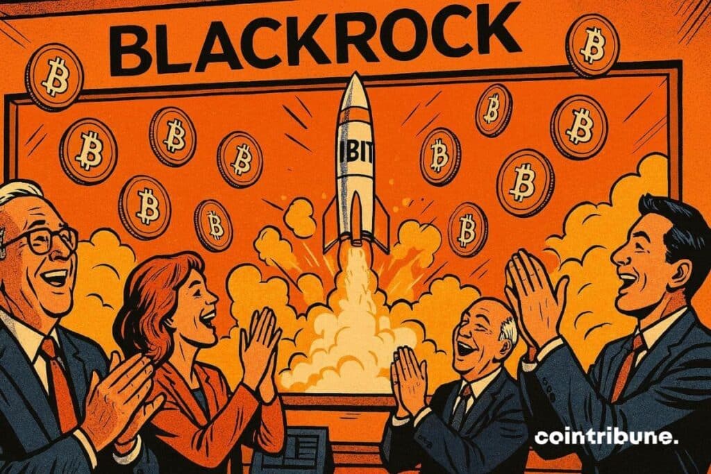 Les détenteurs de l’ETF Bitcoin de BlackRock contents observant la montée de l’ETF sous forme dans une fusée.