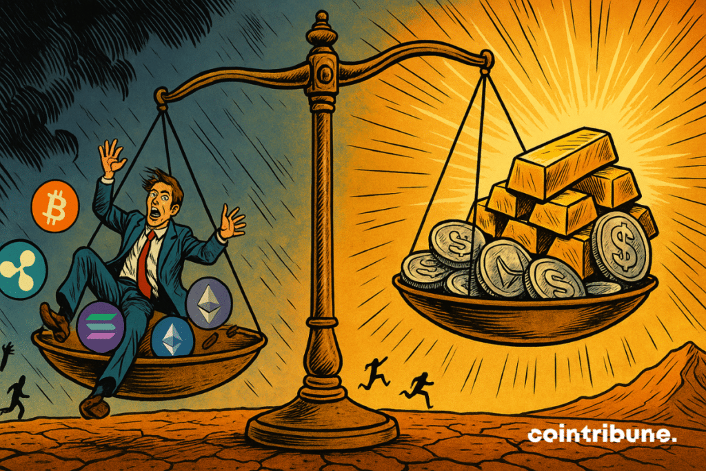 Un trader presa del pánico cae en picado con las criptomonedas y el bitcoin, mientras que el oro y la plata se disparan, iluminados por una luz resplandeciente.