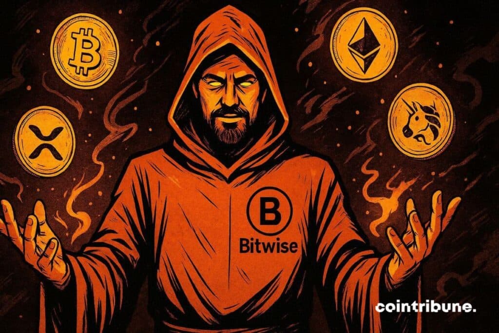 A Bitwise executive with bitcoin, ethereum, xrp and UNI floating above him.