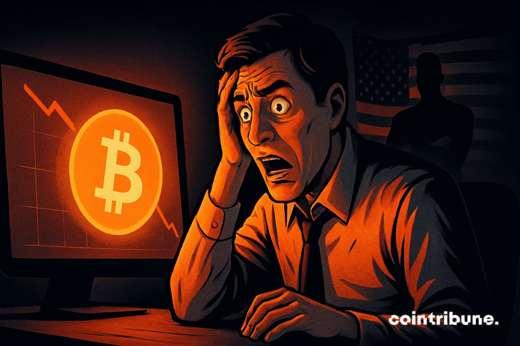 Trader paniqué devant écran rouge, Bitcoin chutant à 89 000, ombre d’aigle menaçante, style comics 70s, tension, lumière orange dramatique.