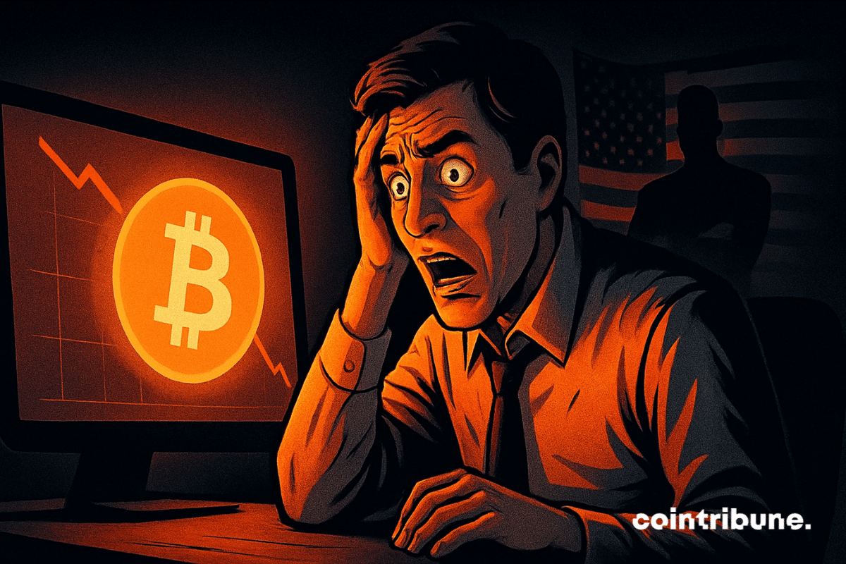 Trader paniqué devant écran rouge, Bitcoin chutant à 89 000, ombre d’aigle menaçante, style comics 70s, tension, lumière orange dramatique.
