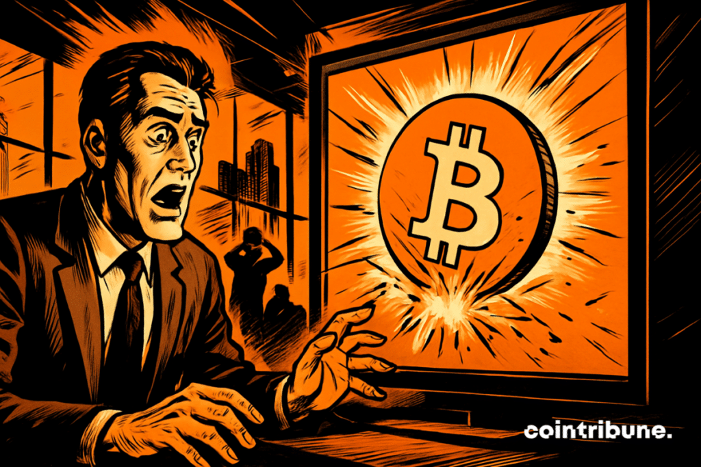 Homme stupéfait devant un énorme Bitcoin explosant depuis un écran, ambiance bureau sombre, style comics années 70 orange et noir.