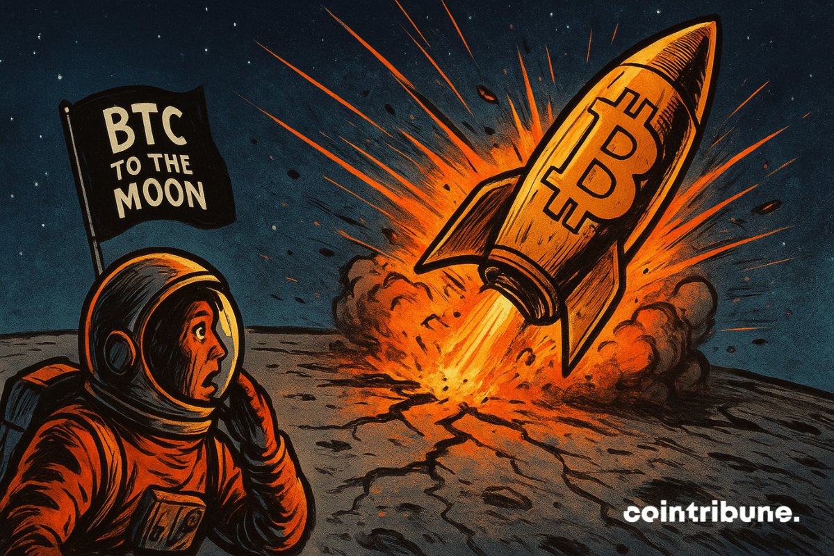 Un astronaute abasourdi contemple la fusée Bitcoin en flammes s’écrasant sur la Lune, symbole du rêve haussier brisé.